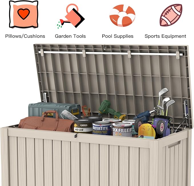 Mars Villa 150 Gallon Outdoor Storage Box, Large Resin Deck Box Waterproof, for Pool Supply Storage, Outdoor Patio Furniture Cushion, with Hydraulic Hinge, UV-Resistant and Weatherproof, Greige