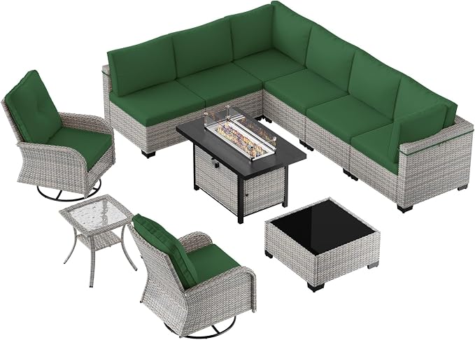 11-Piece Patio Furniture Set, Outdoor Patio Furniture with 55,000 BTU Fire Pit Table, Swivel Chairs Set, Thick Cushions, Modular Patio Sofa, Dual-Strand Wicker Rattan, Rust-Resistant Frame, Dark Green