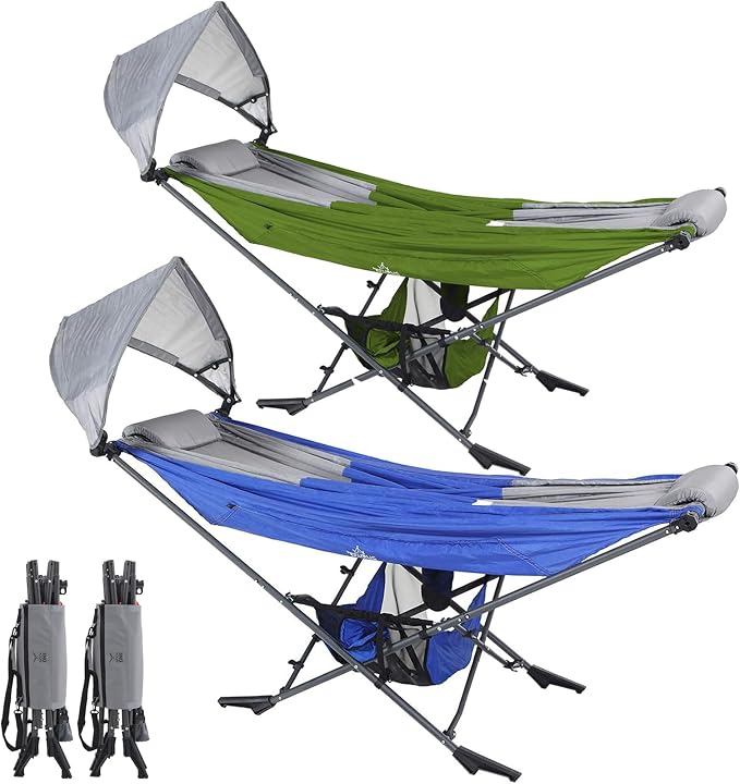 2Pack Portable Hammock with Stand, World's Best Mock ONE® Hammock, Compact Folding Framed Hammock with Adjustable Sunshade Canopy for Indoor, Outdoor, Park, Backpacking, Camping, Hiking, Travel, Beach