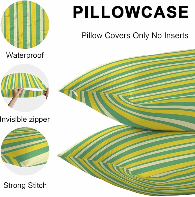 Lemon Green Yellow Outdoor Pillow Covers 16x16 Inch Throw Pillow Covers Set of 2 Waterproof Decorative Pillow Cases Summer Modern Farmhouse Striped Cushion Covers for Patio Furniture Garden Couch Sofa