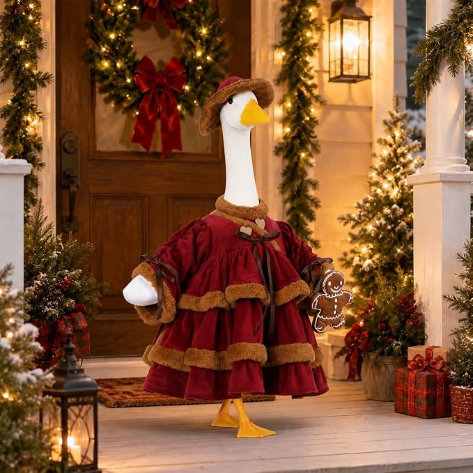 STONESTAR Christmas Porch Goose Outfits for 23" High Cement Plastic Lawn Goose Statue, Vintage Gingerbread Velvet Tiered Dress Goose Costume for Patio Yard Xmas Santa Holiday Decor