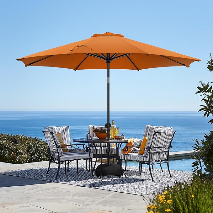 wikiwiki 9FT Patio Umbrella with Base, Outdoor Umbrellas with Base Included, 8 Sturdy Ribs, Waterproof Fade Resistant POLYESTER DTY Canopy for Deck, Lawn, Garden, Backyard & Pool, Orange
