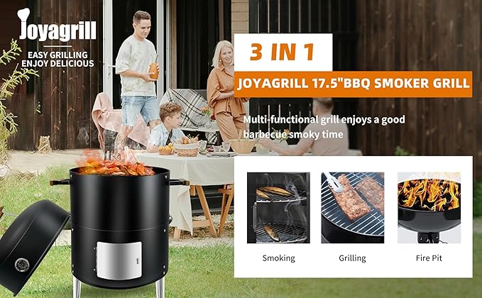 17" BBQ Smoker Grill Built in Thermometer Air Vent and adding charcoal door Multi-Layer heavy duty Meat Smoker Grill