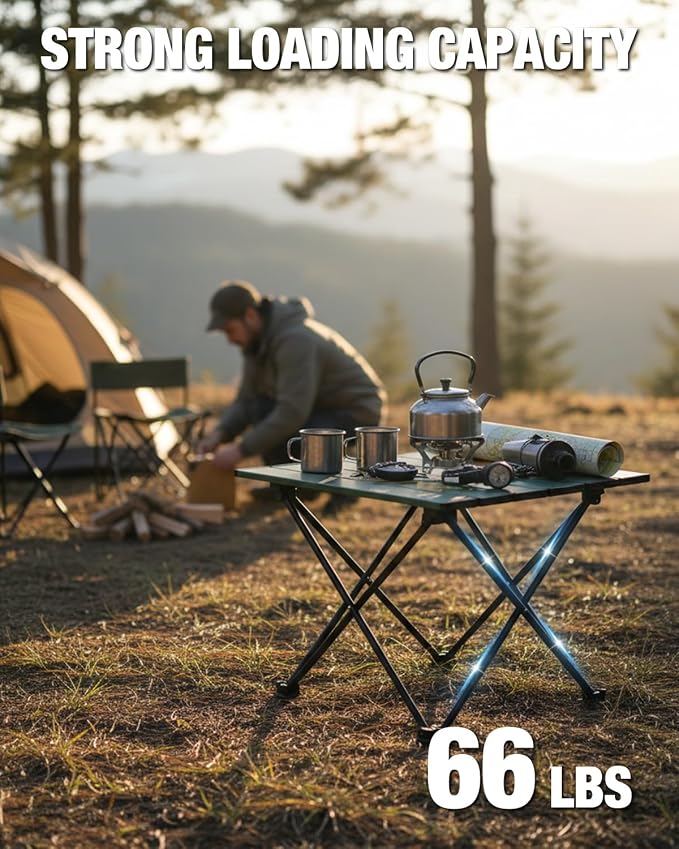 VILLEY Portable Camping Side Table, Ultralight Aluminum Folding Camp Table with Mountain Silhouette Print and Carry Bag, Compact Outdoor Picnic Table for Camping, Beach, Hiking, Travel, Large