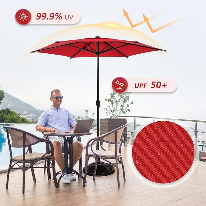 Abba Patio 9FT Lyon Outdoor Patio Umbrella Outdoor Table Umbrella with Push Button Tilt and Crank Market Umbrella 6 Sturdy Ribs UV Protection Waterproof for Garden Deck Backyard Pool, Red