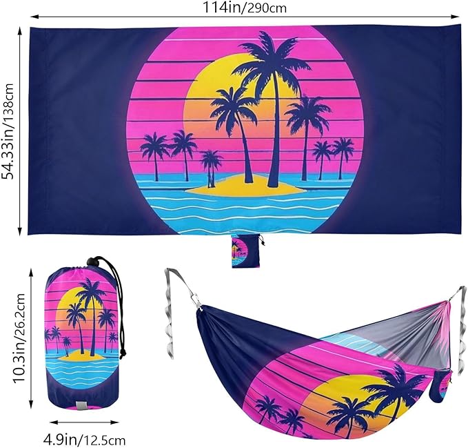 Summer Neon Coconut Tree Sunset Beach 330lb Capacity Outdoor Hammock with Portabl Carry Bag Swing Hammock for Indoor Outdoor Patio Base para poner hamaca