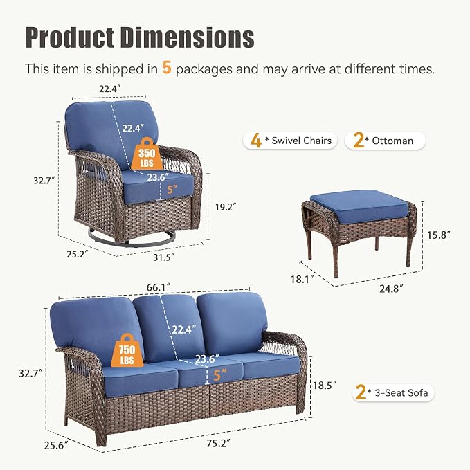 8 Pieces Wicker Patio Furniture Set, Wicker Swivel Rocker Patio Chairs 3 Seater Sofa with Ottomans Rattan Side Table, Outdoor Conversation Furniture Set for Balcony Sunroom Yard, Blue