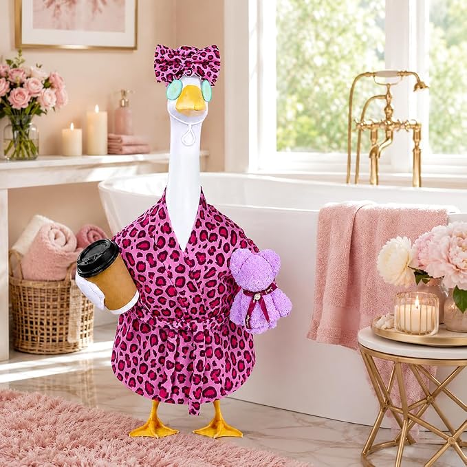 Celltestria Lady Goose Outfits for 23" Geese Bathrobe Rose Pink Leopard Porch Goose Costume Coffee Cup Bear Cucumber Eye Mask Goose Clothes for Outdoor Patio Yard Lawn Garden Decoration