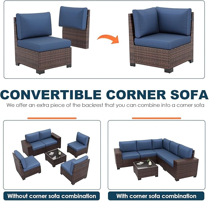 Patio Furniture Set, 6 Pieces Outdoor Sectional Sofa Conversation Sets Modern Wicker Seating Set, 4'' Thickened Cushions 1 Glass Coffee Table for Backyard Poolside, Navy Blue