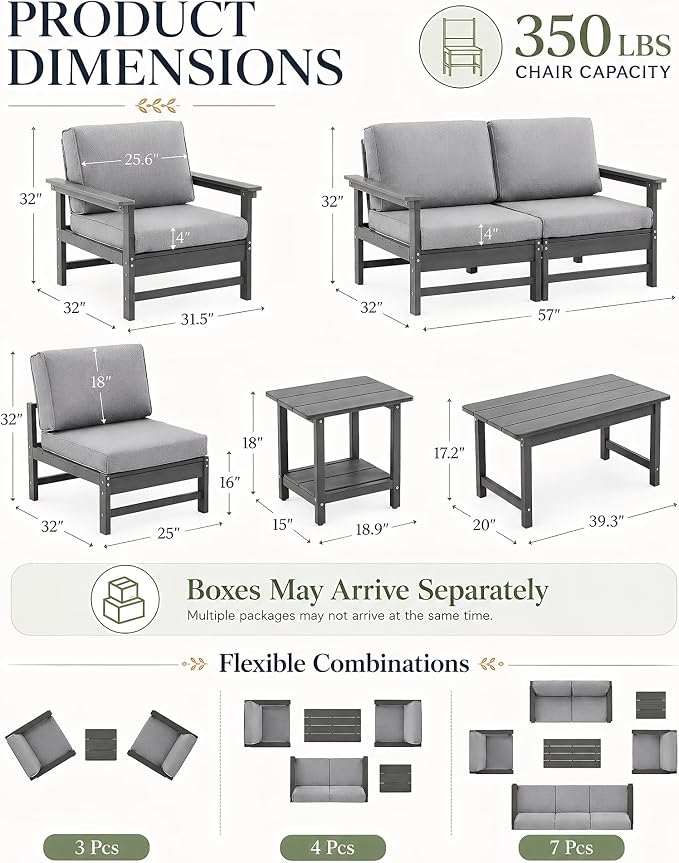 HDPE Outdoor Patio Furniture Set with Cushions,9 Piece Patio Conversation Set Sofa Set,All Weather Outdoor Couch Set with Coffee Table for Lawn, Garden, Deck
