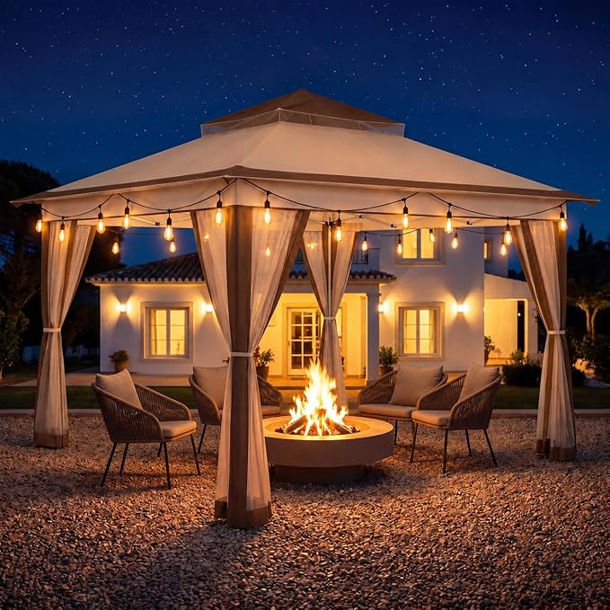 LAUSAINT HOME 11x11 Pop Up Gazebo with 50FT String Lights, Mosquito Netting, Instant One-Push Setup, Adjustable Height Outdoor Canopy Tent Shelter with Carry Bag for Patio, Backyard, Camping, Khaki