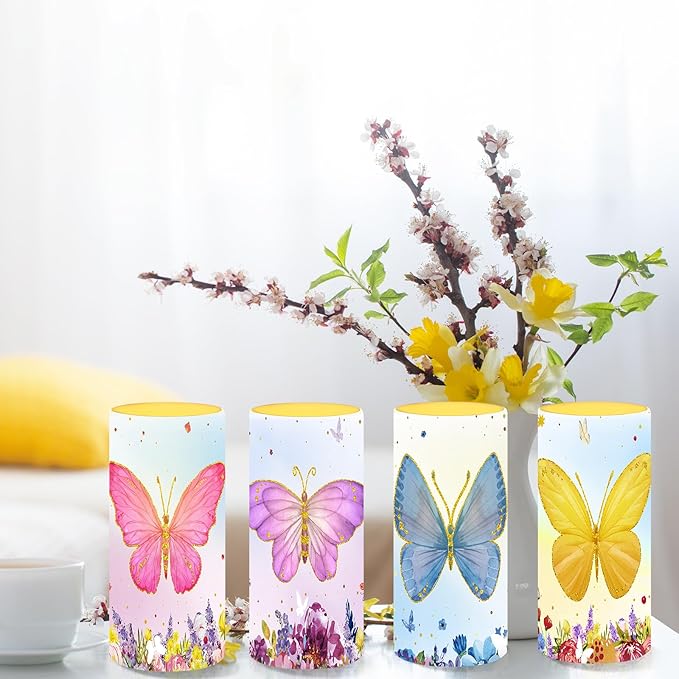 Tiamon Butterfly Flameless Candles Led Butterfly Candles Battery Operated Purple Flickering with 18-Key Remote Timer Pillar for Garden Flower Plants Party Table Decorations