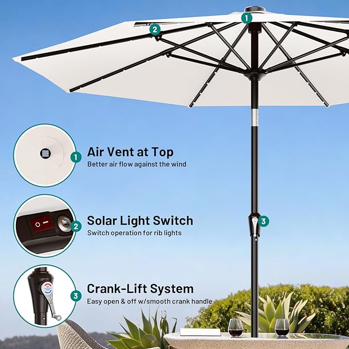 AreShark 9FT Patio Umbrella with Solar Lights, 32 Lighted Pool Umbrella w/Tilt and Crank, Outdoor Market Solar Umbrellas for Garden, Deck, Backyard, Pool and Beach, Cream-White