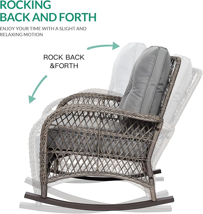 VIVIJASON 7-Piece Outdoor Patio Wicker Conversation Sets, All Weather Outdoor Rattan Furniture Set Includes Glider Loveseat, 2 Rocking Chairs, 2 Glider Rocker Chairs, 2 Coffee Table, Grey