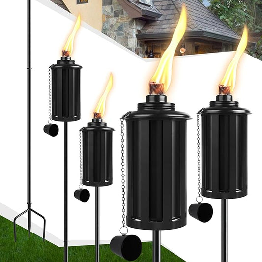 Citronella Torches Set of 4, 16 oz Garden Torches for Outside, 3-Prong Grounded Stake Outdoor Torches, 58 inch Outdoor Decorative Lantern, Black