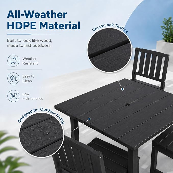 HDPE Outdoor Dining Set for 4, Square Table & Chairs Set | • All-Weather Polywood Composite • 410 lbs Heavy-Duty Support • Built-In 2" Umbrella Hole • Easy Soap-Water Wash
