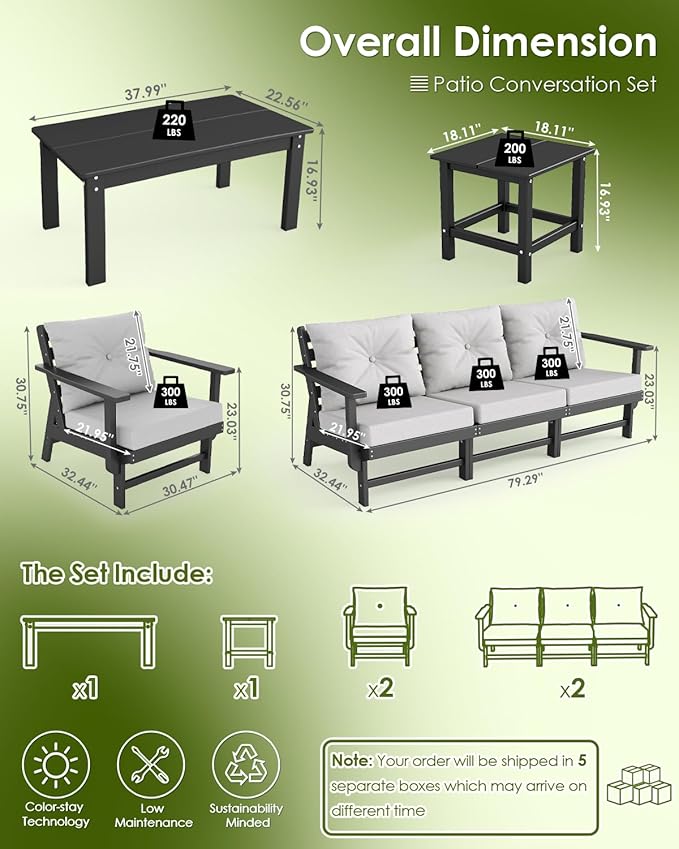 GREENVINES 10-Piece-Patio-Furniture-Set | HDPE Plastic | Outdoor Sectional Conversation Sets | All-Weather Couch | Sofa with Coffee Table & Side Table | Detachable Armrests | for Deck Lawn | Black