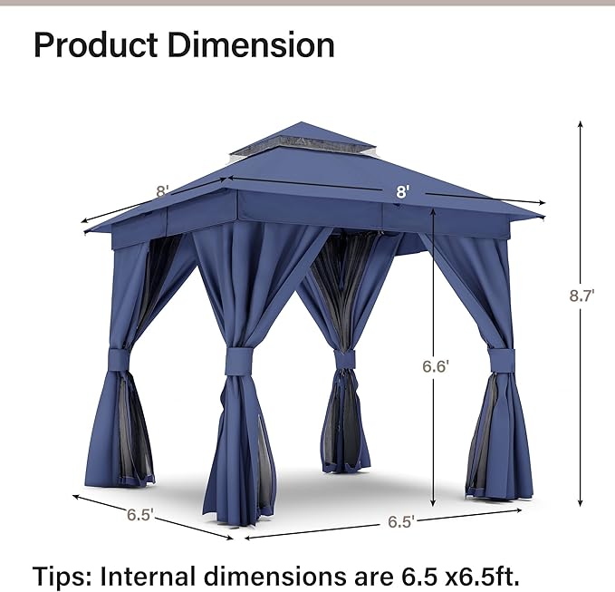 LAUSAINT HOME Patio Gazebo 8'x8', Outdoor Heavy Duty Party Tent Shelter with Double Roofs, Mosquito Nettings and Privacy Screens for Backyard, Garden, Lawn, Navy Blue