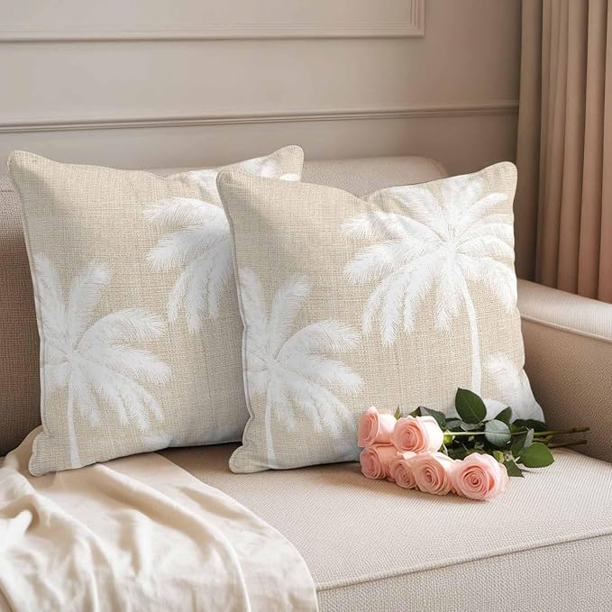 Outdoor Pillow Covers 24x24 Inch Set of 2, Beige Palm Trees Waterproof Throw Pillow Covers, Farmhouse Tropical Summer Beach Decorative Cushion Pillowcases for Couch, Sofa, Bed, Garden, Patio