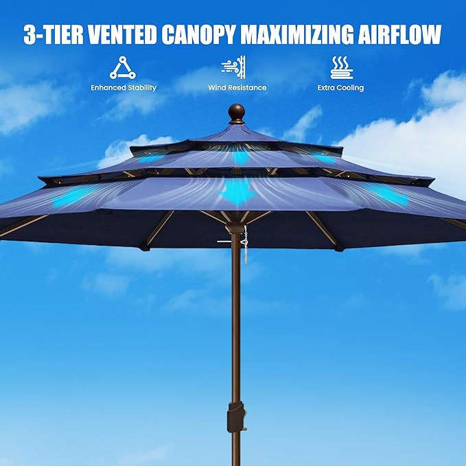 EliteShade USA 10-Year-Non-Fading 11ft 3-Tier Market Patio Umbrella, Commercial Grade Outdoor Table Umbrella with Crank Open, Windproof & UPF 50+ UV Protection, Heavy Duty Ventilation for Garden, Deck, Pool, Backyard, Beach & Bistro, No Tilt, Navy Blue