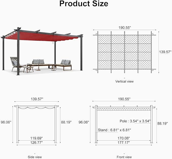 PURPLE LEAF 12' X 16' Outdoor Pergola with Retractable Canopy Aluminum Shelter for Porch Garden Beach Sun Shade Pavilion Grape Trellis Grill Gazebo Modern Backyard Deck Metal Patio Pergola Terra
