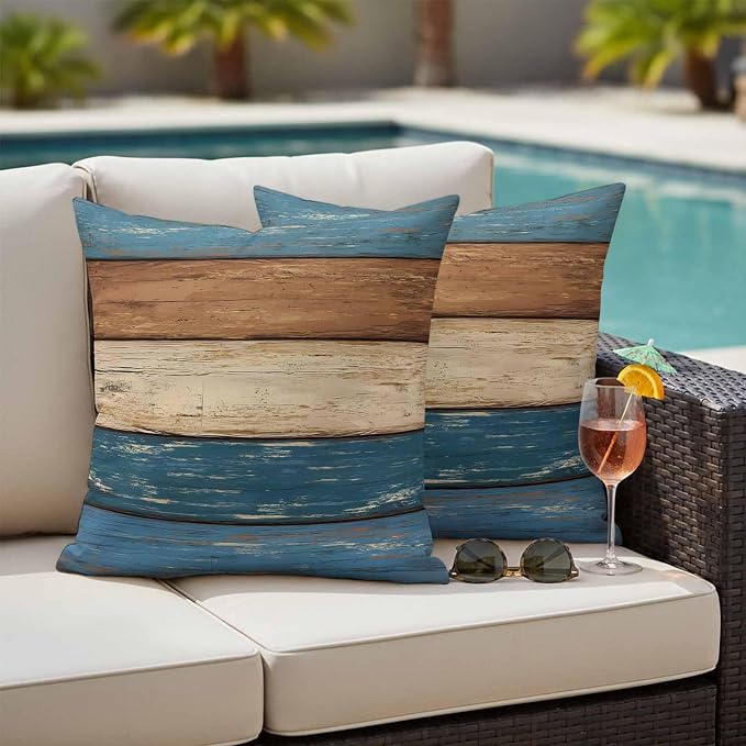 Farmhouse Navy Blue Brown Outdoor Waterproof Pillow Covers, Vintage Wooden Striped Decorative Square Throw Pillowcase Sofa Cushion Sham for Patio/Couch/Chair, 18"x18" 2 Pack