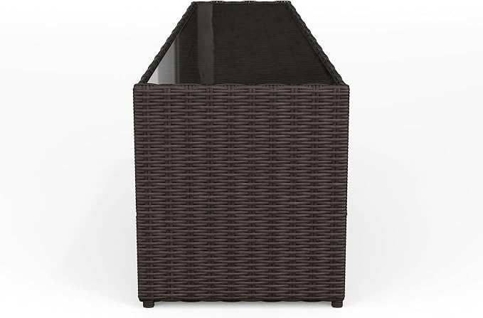 Martha Stewart Bedford Indoor-Outdoor Tapered Patio Side Table with Inset Tempered Glass Top and Rattan Wicker Finish in Brown