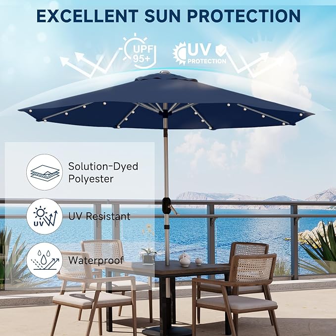 9FT Aluminum Patio Umbrella with 40-LED Solar Lighted, Fade-Resistant Outdoor Market Table Umbrella with Push Button Tilt Function, 8 Sturdy All-Aluminum Ribs for Gardens, Decks, Backyards & Pools