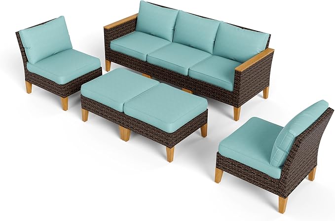 PHI VILLA 7-Piece Outdoor Wicker Patio Conversation Set, Rattan Sectional Daybed Furniture Patio Set for 7 Seats with Cushioned 3 x Armrest Chair, 2 x Ottoman and 2 x Armless Sofa, Blue