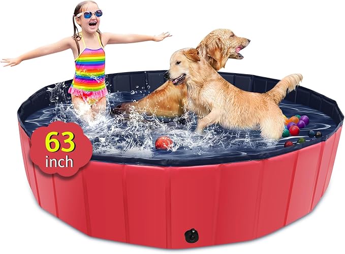 CACSPS Foldable Dog Pool, 63" x 12" Kiddie Pool with Hard Plastic, Non-Slip Dog Bath Tub for Outdoor Backyard, Collapsible Dog Swimming Pool for Kids Dogs Pets (Red)