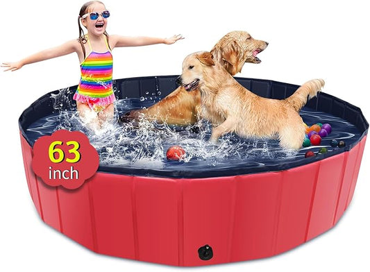 CACSPS Foldable Dog Pool, 63" x 12" Kiddie Pool with Hard Plastic, Non-Slip Dog Bath Tub for Outdoor Backyard, Collapsible Dog Swimming Pool for Kids Dogs Pets (Red)