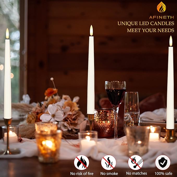 Flameless Taper Candles with 3D Wick, 11.4" Real Wax LED Candles with Remote and Timer, 6 Pack Flickering Candlesticks Battery Operated (Ivory)