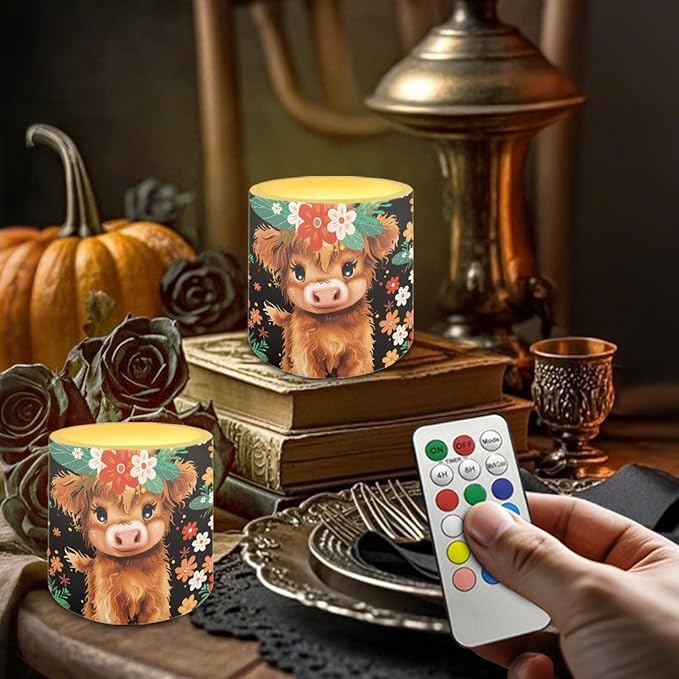 3 inch Flickering Color Changing LED Candles Set of 4 Floral Cute Highland Cow Print Flameless Eletric Pillar Candles with Remote Timer Control Home Decor