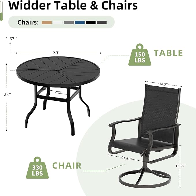 Amopatio 5 Pieces Patio Dining Set for 4, Outdoor Table and Chairs, 4 All Weather Swivel Patio Chairs, 39" Patio Spliced Round Table with Umbrella Hole, for Deck, Backyard, Poolside & Garden, Black