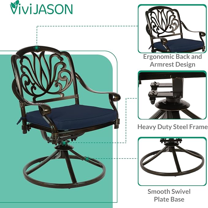 VIVIJASON 7 Pieces Cast Aluminum Outdoor Furniture Dining Set, Patio Conversation Set, Include 4 Stationary Chairs, 2 Swivel Dining Chairs and a Rectangle Table with Umbrella Hole, Navy Blue Cushion