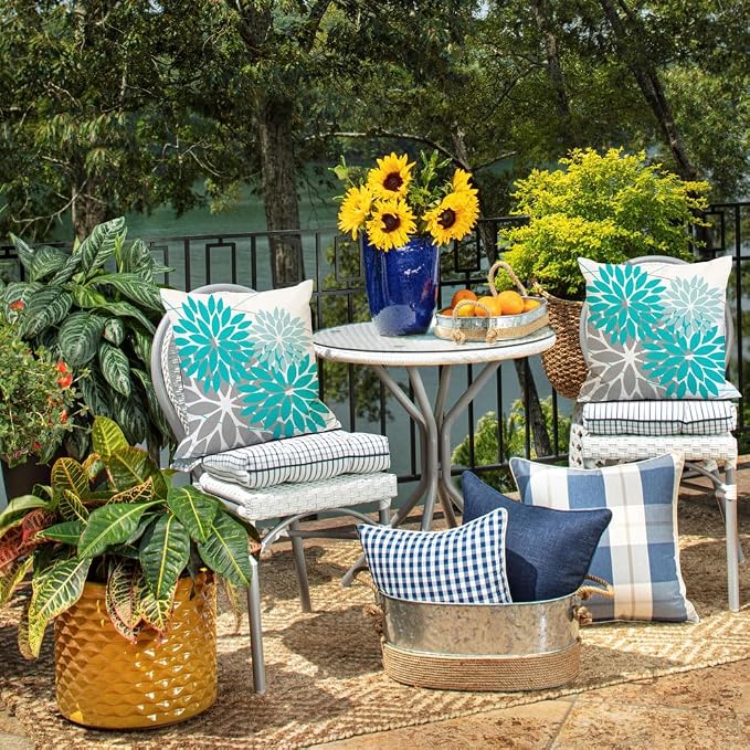 DFXSZ Pack of 2 Outdoor Waterproof Throw Pillow Covers 20x20 Blue Grey | Polyester Colorful Spring Summer Floral Decorative Cushion Cases(NO INSERT),For Couch Patio Funiture Garden Home Decor