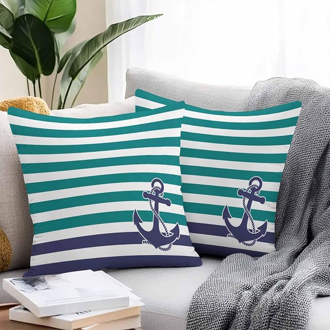 Throw Pillow Covers 26x26 Inch Set of 2, Anchor Teal Waterproof Outdoor Cushion Covers, Modern Navy Blue White Striped Nautical Decorative Pillowcases for Couch, Sofa, Bed, Garden, Patio