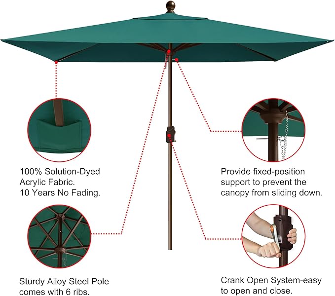 EliteShade USA 10-Year-Non-Fading 6.5x10Ft Rectangular Market Patio Umbrella, UPF 50+ UV Protection Performance Sun Umbrella, Heavy Duty Commercial Grade Outdoor Table Umbrella with Crank, Windproof Vented Top for Garden, Pool, Deck and Outdoor Playset...