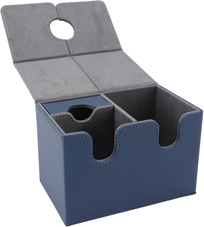 EVGATSAUTO PU Leather Card Deck Box with Detachable Dice Tray, Storage Case Holds 200+ Collectible Cards for CCG Gaming Accessories (Dark Blue)