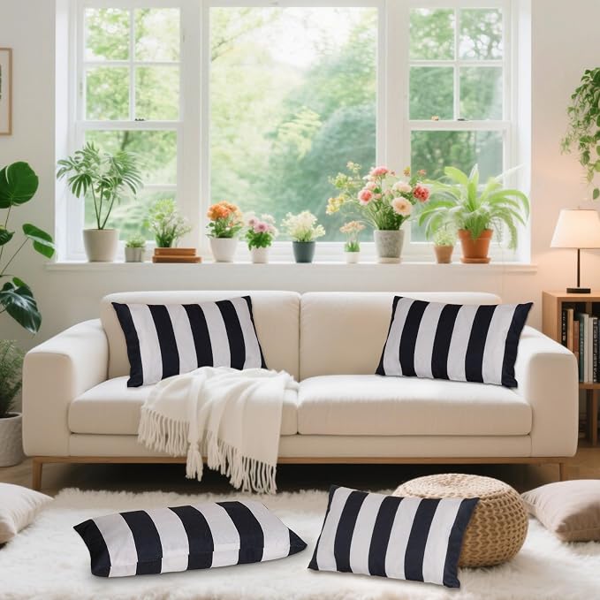 2 Pack Waterproof Pillow Covers Outdoor Throw Pillowcases Decorative Garden Cushion Case for Home Garden Patio Couch Balcony Striped (Black & White, 12 * 20 inch)