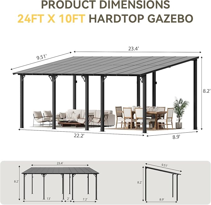 Aoxun 24' x 10' Pergola for Patio, Gazebo with Sloped Roof, Grill Pergola Large Wall-Mounted Heavy Duty Awnings, for Backyard, Deck, Patio