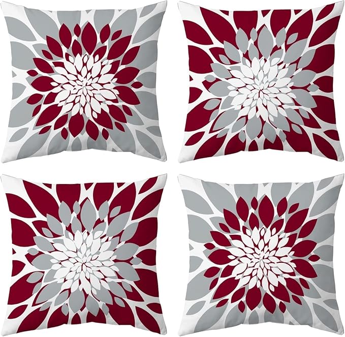 Qahing Pack of 4 Outdoor Waterproof Pillow Covers 18x18 Decorative Outdoor Throw Pillows Garden Square Cushion Cases for Patio Furniture, Couch, Tent Sunbrella, Bench, Burgundy Red Grey