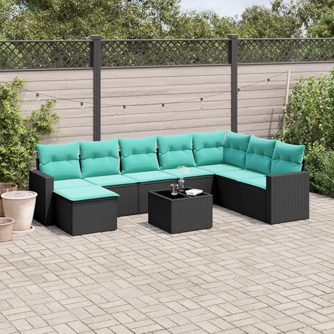 9 Piece Black PE Rattan Patio Sofa Set with Cushions & Glass Table 25.8"x24.4"x27.2" Modular Outdoor Sectional for Garden, Terrace, Deck