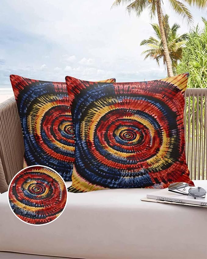 Vandarllin Outdoor Throw Pillows Covers 16x16 inch Set of 2 Waterproof Yellow Black Tie-Dye Art Decorative Zippered Cushion Covers for Patio Furniture, Abstract Boho Tribe Lumbar Pillowcases