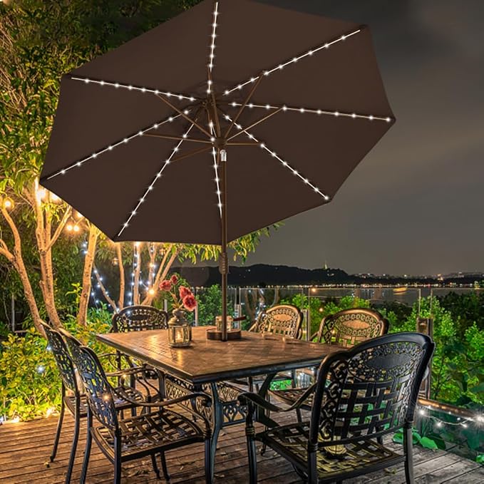 EliteShade USA 10-Year-Non-Fading 9ft Market Patio Umbrella, Commercial Grade Table Sun Umbrella with 80 Solar LED Lights, Crank Open, Windproof & UPF 50+ UV Protection for Garden, Deck, Pool, Backyard, Chestnut