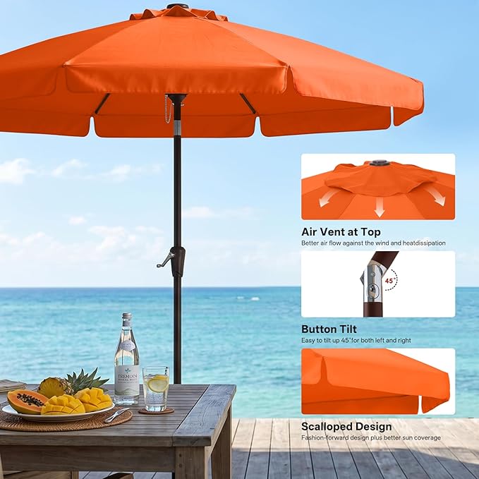 ABCCANOPY 9ft Scalloped Patio Umbrella, Outdoor Table Umbrella with Tilt and Crank, Fiberglass Ribs Deck Umbrella for Patio, Pool, Garden, Picnic (Orange)