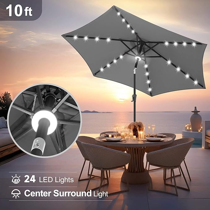 FLAME&SHADE 10ft Solar Outdoor Umbrella - 24 LED Lighted Patio Umbrella with Centre Surround Light, Table Umbrellas with Tilt & Crank for Pool, Porch, Garden, Deck, Backyard UV Protection (Anthracite)
