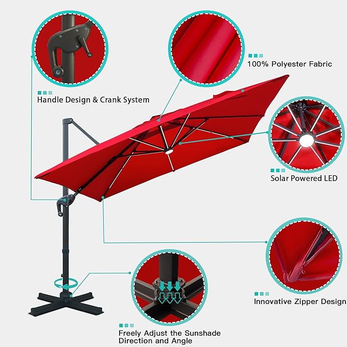 Sunnyglade 10x10ft Solar Powered LED Cantilever Patio Umbrella Square Deluxe Offset Umbrella 360°Rotation & Integrated Tilting System & LED lights for Market Garden Deck Pool Backyard Patio