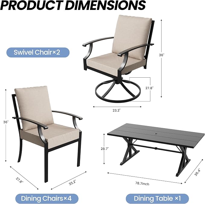 7 Pieces Patio Dining Set Outdoor Conversation Set,Metal Outdoor Furniture Set with Umbrella Hole Cut-Out 78.7" x 35.4" Table and 8 Metal Chairs for Backyard,Garden,Sand