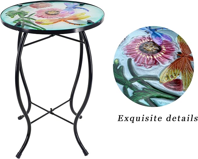 Dragonfly Patio Side Table, Small Patio Outdoor Side Table, Plant Table,Metal Glass End Table for Porch Garden Yard Pool.